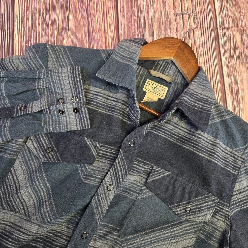 LL Bean Western Snap Front Shirt Mens S Blue Striped Wool Blend Elbow Patches